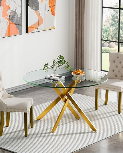HomVent 3 Piece Round Glass Dining Table Set, Tempered Glass Dinner Table Set for 2 Kitchen Table Set with 2 Velvet Upholstered Chairs for Kitchen Dining Room