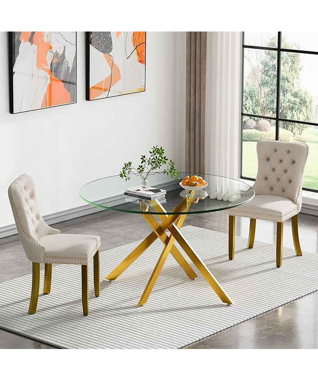 HomVent 3 Piece Round Glass Dining Table Set, Tempered Glass Dinner Table Set for 2 Kitchen Table Set with 2 Velvet Upholstered Chairs for Kitchen Dining Room