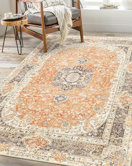 Boho Rug 3x5,Washable Area Rugs for Bedroom Living Room Kitchen Entryway,Small Vintage Bohemian Farmhouse Distressed Non Slip Carpet,Retro Orange Grey Floral