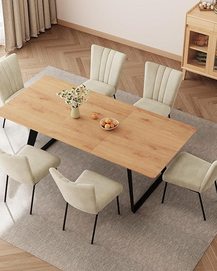 7-Piece Dining Table Set, 51"-67" Extendable Mid-Century Modern Oak Table with 6 Upholstered Chairs, White Fabric Seats, Leather Backrest, Metal Frame, Space-Saving Design for Kitchen & Dining Room