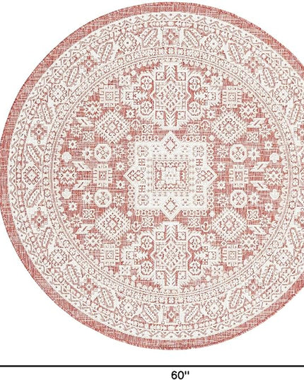 Rugs.com Outdoor Aztec Collection Rug – 5 Ft Round Rust Red Flatweave Rug Perfect for Kitchens, Dining Rooms