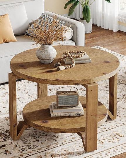 Tribesigns 30" Solid Wood Coffee Table, Round Small Coffee Table with 2-Tier Storage for Living Room, Farmhouse Brown Round Solid Wood Accent, Circle Center Furniture with Natural Texture Design
