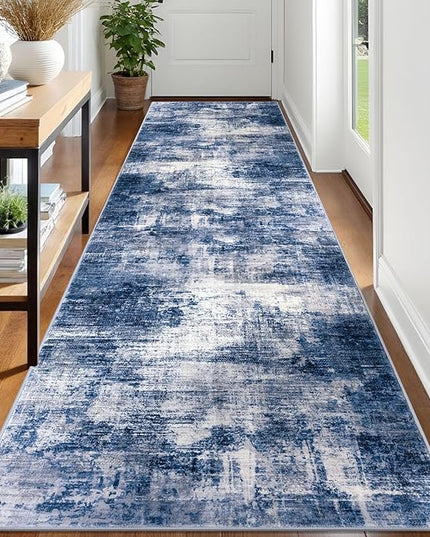 IOHOUZE Abstract Runner Rug 3x12 Ft Washable Runners for Hallways, Non Slip Kitchen Runner Printed Faux Wool Entryway Runner Indoor, Modern Abstract Floor Carpet for Hall Kitchen, Navy/Grey