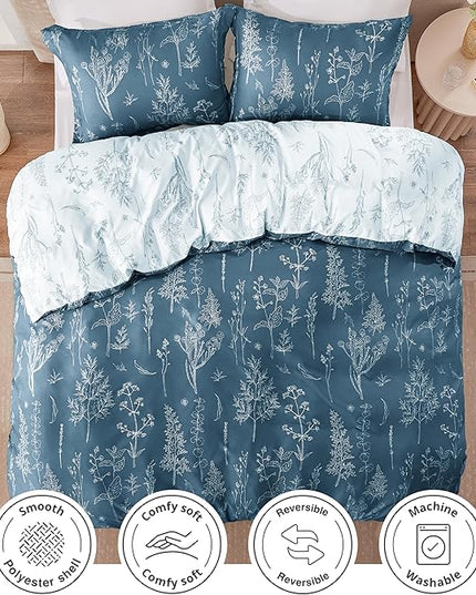 Love's cabin Bluish Grey Twin Comforter Set - Twin XL Size Comforter Set Dorm Bedding, 2 Pieces Cute Floral Bedding, Reversible Flowers Comforter, 1 Comforter & 1 Pillow Sham