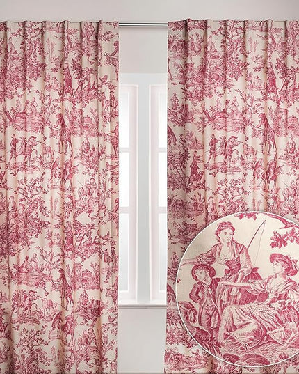 Maison d' Hermine Curtains for Living Room 100% Cotton 96 inch Length Two Panels Light Filtering Toile Curtains for Bedroom Windows with Rod and Loop Pockets Drapes (The Miller Red, 50" W x 96" L)