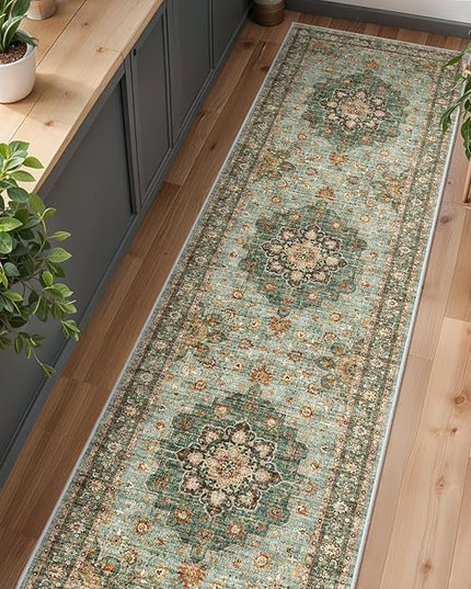 Washable Oriental Hallway Runner Rug - 3x10 Rugs for Living Room Soft Carpet for Bedroom Kitchen Waterproof Floral Distressed Indoor Stain Resistant Non-Shedding Floor Carpets (Green, 3X10)