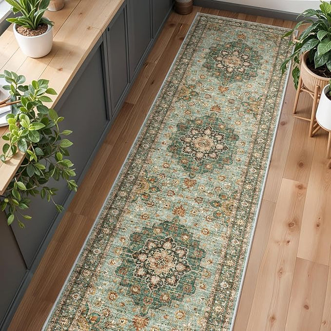 Washable Oriental Hallway Runner Rug - 3x12 Rugs for Living Room Soft Carpet for Bedroom Kitchen Waterproof Floral Distressed Indoor Stain Resistant Non-Shedding Floor Carpets (Green, 3X12)