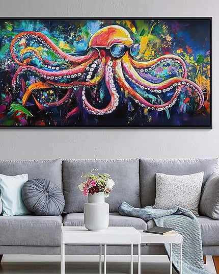 JEAWA Large Framed Wall Art - Funny Octopus Wearing Sunglasses Modern Street Graffiti Texture Wall Painting for Living Room Bedroom Teenage Boy Room Game Room Cool Posters Decor 24x48 IN