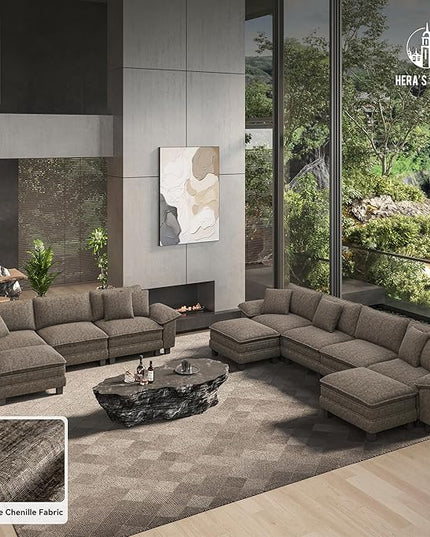 HERA'S HOUSE 124" Modular Sectional Sofa, Oversized Couches for Living Room, Comfy Cloud Couch 3-Seater Deep Seat Sofa with Throw Pillow, Chenille Ash