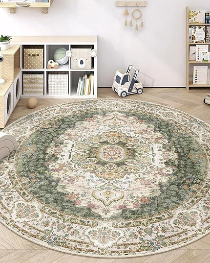 Green Round Rug 9ft,Large Circle Area Rugs for Bedroom Living Room Dining Room,Washable Boho Vintage Bohemian Distressed Oriental Carpet Non Slip,Sage Floral
