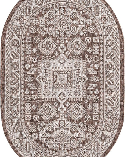 Rugs.com Outdoor Aztec Collection Rug – 3' x 5' Oval Brown Flatweave Rug Perfect for Living Rooms, Large Dining Rooms, Open Floorplans