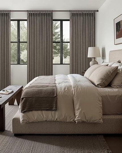 Blackout Dual Layer Linen Bedroom Curtains 84 Inches Long 2 Panels Set, Chocolate Tart Memory Trained Pinch Pleated Thermal Noise Canceling Farmhouse Privacy Windows Curtain for Living Room Darkening