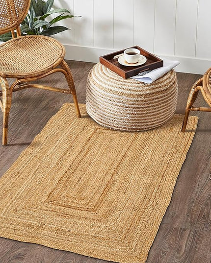 Hand Woven Jute Area Rug - 2’x3’ Feet - Rustic Beige Reversible Rectangular Rugs for Bedroom, Kitchen, Living Room - Vintage Natural Braided Entry Floor Décor Boho Jute Rug 2x3 Feet