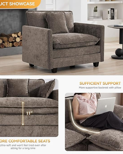 41'' Modern Chenille Oversized Chair, Upholstered Accent Living Room Chair with Extra Thicked Deep Seat, Single Lounge Chair for Bedroom, Small Apartment, Brown