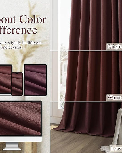 Guken 100% Blackout Curtains 84 Inch Length 2 Panels Set for Living Room Bedroom Back Tab Thermal Insulated Black Out Linen Drapes Room Darkening Reddish Brown,52x84