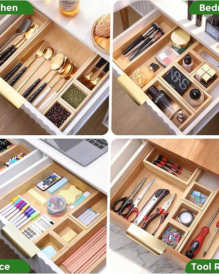 Bamboo Drawer Organizer Set, 14 PCS Multi-Use Individual Wood Storage Organizers, Junk Drawer Divider and Storage Trays Containers for Kitchen, Bathroom, Office Desk, Makeup, Jewelry, Utensils