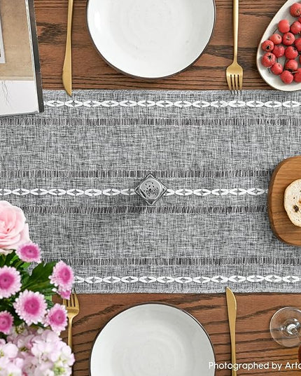 Artoid Mode Dark Grey Rustic Cotton Linen Table Runner, Seasonal Embroidered Hollow Kitchen Dining Table Decoration for Home Party Decor 13x108 Inch