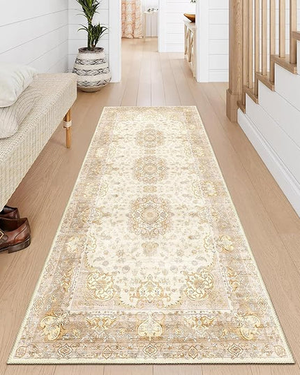 Washable Runner Rug 2'x6',Boho Rug Runners Non Slip,Long Rugs for Hallways Kitchen Bathroom Bedroom Entryway,Vintage Bohemian Distressed Floor Carpet,Beige Gold Floral