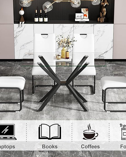 47.24" Rectangular Glass Dining Table Modern Kitchen Glass Top Table for 4 with Black Metal Legs, Clear Dining Table Kitchen Table for Home Office Dining Room