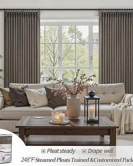 Pinch Pleated Extra Long 102 Inches Curtains for Dining Room 2 Panels Set, Full Blackout Memory Trained Double Layer Linen Chocolate Tart Thermal Noise Reducing Farmhouse Drapes for Large Windows
