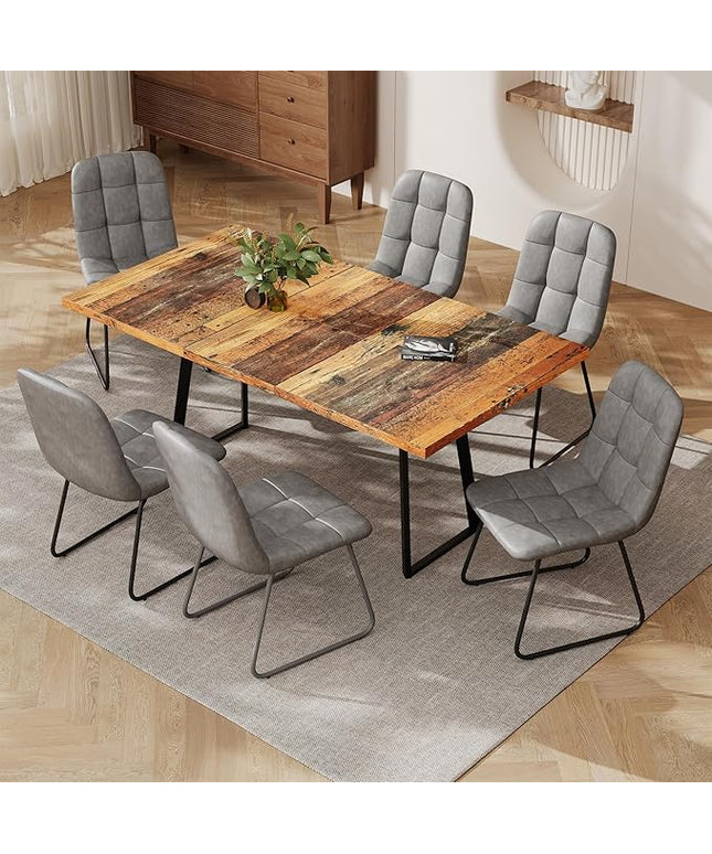 ZckyCine Extendable Dining Table Set 47"-63", Rustic Wood Table with 6 PU Leather Chairs, Modern Scandinavian Dining Room Furniture for Kitchen Apartment