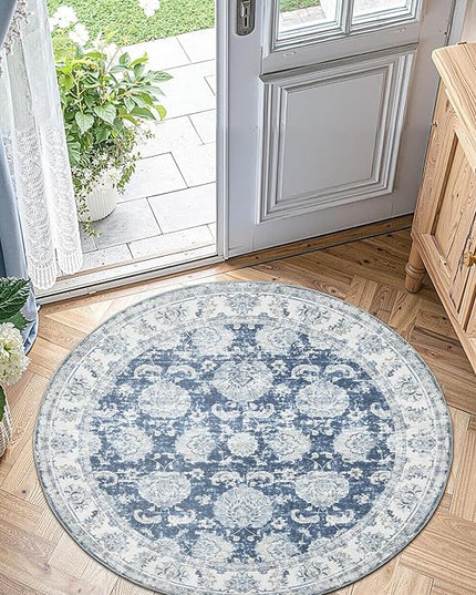jinchan Fiora Round Rug 5ft Area Rug - Indoor Vintage Hallway Circle 5' Washable - Ultra-Thin Low Pile Soft Small Non Slip Distressed Floral Print for Living Room Bedroom Entryway Dark Blue