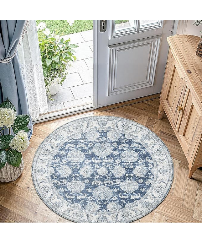jinchan Fiora Round Rug 5ft Area Rug - Indoor Vintage Hallway Circle 5' Washable - Ultra-Thin Low Pile Soft Small Non Slip Distressed Floral Print for Living Room Bedroom Entryway Dark Blue
