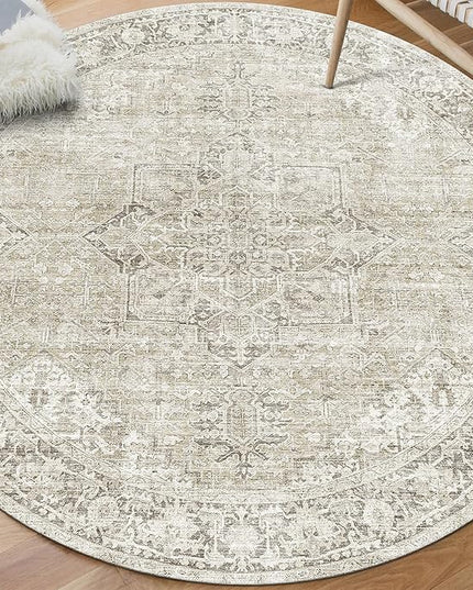ReaLife Rugs Machine Washable Area Rug - Living Room Bedroom Bathroom Kitchen Entryway Office - Padded Low Pile Stain Resistant Premium - Boho Farmhouse Vintage - Lyle - Beige Ivory 4' Round