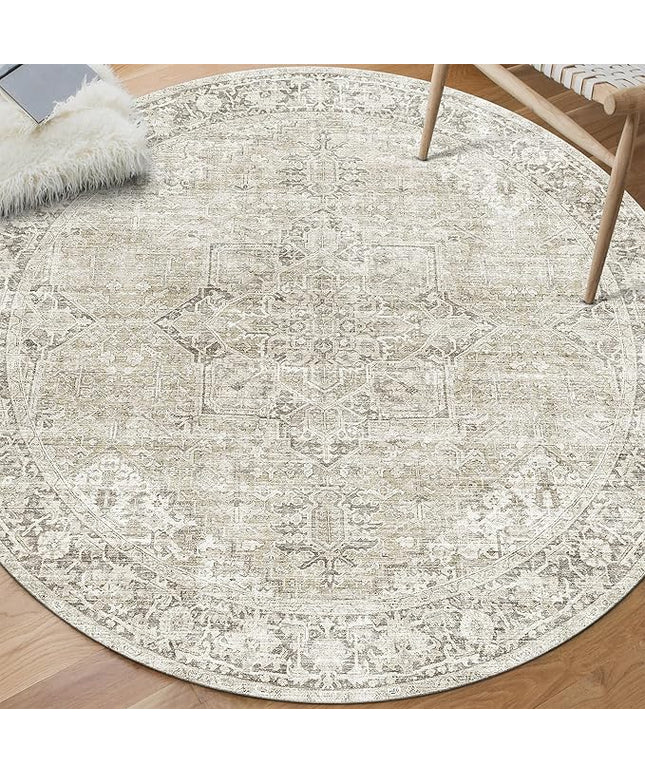 ReaLife Rugs Machine Washable Area Rug - Living Room Bedroom Bathroom Kitchen Entryway Office - Padded Low Pile Stain Resistant Premium - Boho Farmhouse Vintage - Lyle - Beige Ivory 4' Round