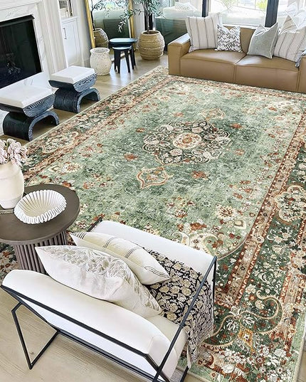 9x12 Area Rugs Washable,Green Rug for Living Room Bedroom Dining Room,Large Boho Vintage Bohemian Distressed Oriental Carpet Non Slip