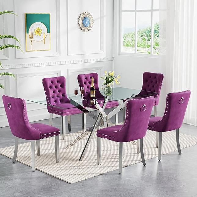 Rectangle Glass Dining Table Set for 6, 60'' Kitchen Table and Chairs Set, 7PCS Modern Dining Room Table Set with 6 Velvet Dining Chair for Home