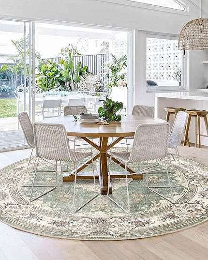 MUJOO Green Round Rug 6ft,Circle Washable Area Rugs for Bedroom Living Room Bathroom,Boho Large Non Slip Circular Carpet,Sage Floral
