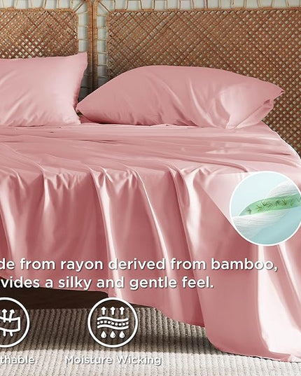 Bedsure Queen Sheet Set, Rayon Derived from Bamboo, Cooling Sheets, Breathable & Soft, Deep Pocket Up to 16 Inches, Hotel Luxury Silky Bedding for Hot Sleepers, Blush Pink