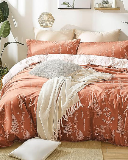 Love's cabin Terracotta Comforter Set King - King Size Comforter Set, 3 Pieces Cute Floral Bedding Sets for All Seasons,1 Soft Reversible Botanical Flowers Comforter and 2 Pillow Shams