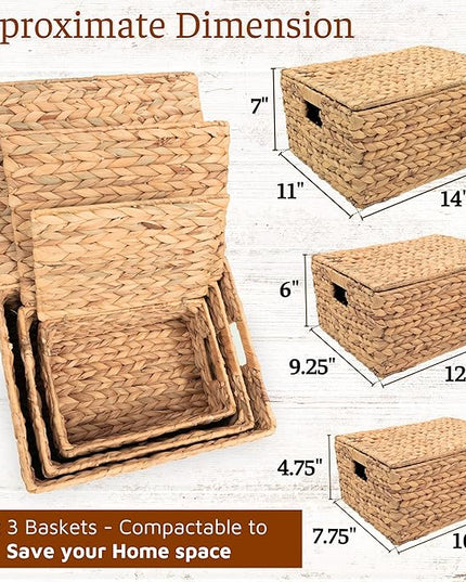 Wicker Storage Baskets with Lid, Basket With Lid Decorative Storage Rectangle 14"D X 11"W X 7"H Wicker Storage Basket With Lid Large Rattan Storage Box Hyacinth Baskets