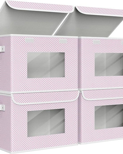 Univivi Fabric Foldable Storage Boxes [4-Pack] Large Collapsible Stackable Storage Bins with Lids, Closet Organizers and Storage Cube Basket for Home, Office, Bedroom (Pink, 17”x 12” x 12”)