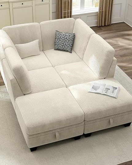 CHIC HOUSE Corduroy Modular Sectional Couch with Ottoman Chaise, L/U Shaped Sleeper Sofa for Living Room, Apartment, Lounge, Modern Armrest Neck Support Furniture (6 Seater Compact Sleeper, Beige)