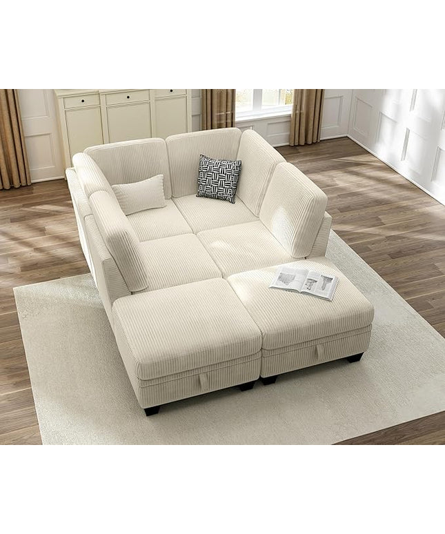 CHIC HOUSE Corduroy Modular Sectional Couch with Ottoman Chaise, L/U Shaped Sleeper Sofa for Living Room, Apartment, Lounge, Modern Armrest Neck Support Furniture (6 Seater Compact Sleeper, Beige)