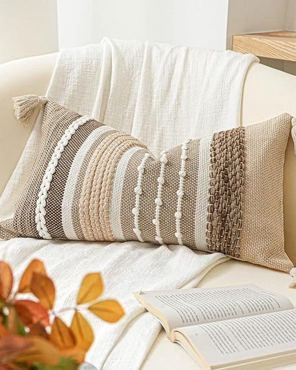 BlissBlush Decorative Lumbar Throw Pillow Cover 14x24 Boho Brown Accent Cushion for Couch Sofa Farmhouse Pillowcase for Bedroom Living Room Home Décor Cover ONLY