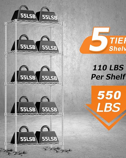 Storage Shelves,21.3" W x 11.8" D x 58.5" H Wire Shelving Unit Loads 550LBS,5-tier Adjustable Metal Utility Shelf,Garage Shelves with Liner and Hooks,Home Storage Rack for Kitchen,Laundry,Pantry