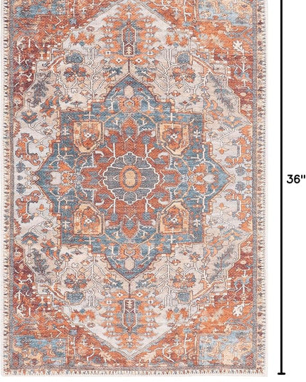 GLN Rugs Traditional Collection - Machine Washable Area Rug, Traditional Washable, Non Slip, Low Pile Chenille Rug, Living Room, Bedroom, Kitchen Rug (2'x3' Cream/Terra)