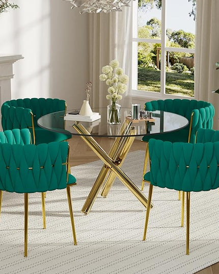 Golden Round Dining Table Set for 4, 39'' Clear Glass Top Dinner Set, 5 PCS Modern Luxury Circle Kitchen Table and Green Woven Chairs Set, Small Minimalist Circular Dinette Set, for Apartment