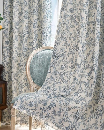 Lazzzy Blue Floral Farmhouse Linen Lined Curtains 96 Inches Length Grommet Top Drapes for Living Room Bedroom Flower Patterned Country Vintage Curtains 2 Panels Set Green on Beige