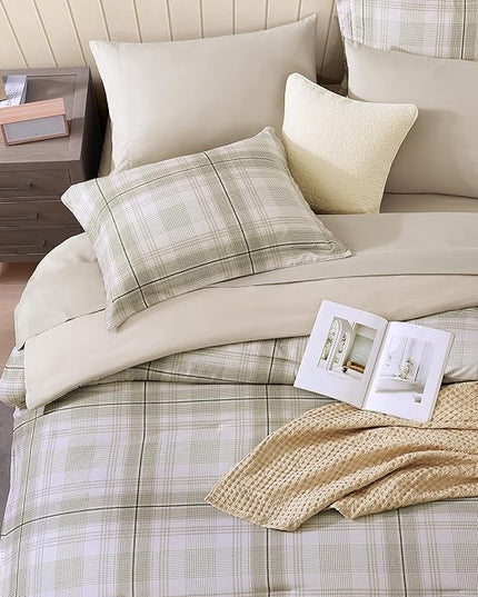 MaiRêve Plaid Twin XL Comforter Set, Khaki Green Grid Bedding Set for Boys & Girls, Classic Checkered Bed in A Bag Comforter Sets with Fitted & Flat Sheet, Pillowcase & Sham 66"x90"