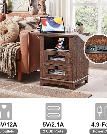 Nightstand with Charging Station,OKD 18'' Industrial & Farmhouse End Table with 2 Drawers &Open Cubby, Rustic Mesh Drawer Sofa Side Table w/Storage for Bedroom, Living Room, Office, Reclaimed Barnwood