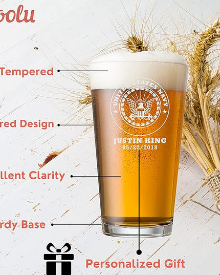 Personalized Military Gift Sets - Custom Engraved Decanter & 4 Scotch Glasses - Army, Navy, Air Force, Coast Guard - Active Duty & Veterans (Pint Glass Set)
