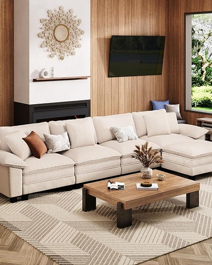 157-Inch L Shaped Sectional Sofa with Cloud Cushions, Deep Seat Modular Couch Set w/ 5 Seats & 1 Ottomans, Plush Chenille & Corduroy Upholstery for Living Room, Apartment - Beige