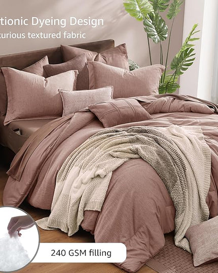 Monbix Full Size Comforter Set-7 Pieces Dusty Pink Cationic Dyeing Bed in a Bag Full Bedding Sets with Comforter, Sheets, Pillowcases & Shams, All Season Reversible Bedding Comforters