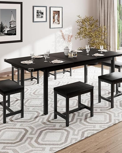 iPormis 7-Piece Dining Table Set with 6 Stools, 63" Extendable Kitchen Table Set for 4-8, Modern Dining Room Table with Sturdy Metal Frame, Space-Saving Dinette, Black