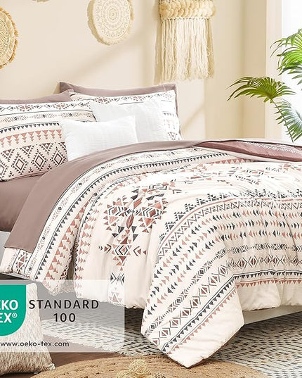 Geniospin Queen Comforter Set - 7 Pieces Reversible Bedding Set, Boho Bed in A Bag, Lightweight Soft Aztec Bedding, All Season Bed Comforter Set with Sheets, Pillowcases & Shams